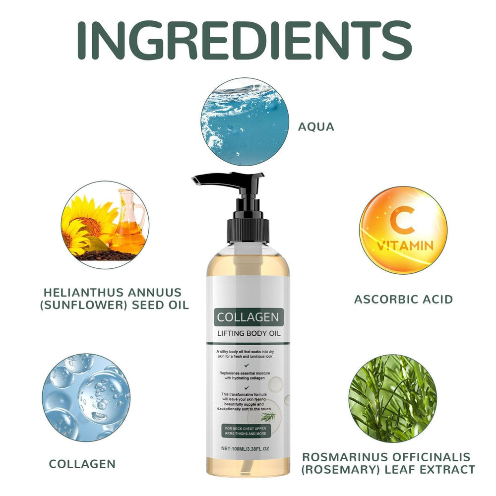 Omexry collagen lifting body oil apply-woman demonstrates universal formula for all skin types