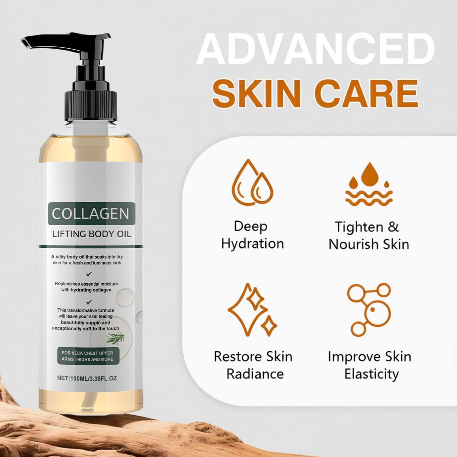 Omexry collagen lifting body oil pour illustrates fast-absorbing non-greasy finish