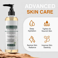 Omexry collagen lifting body oil pour illustrates fast-absorbing non-greasy finish