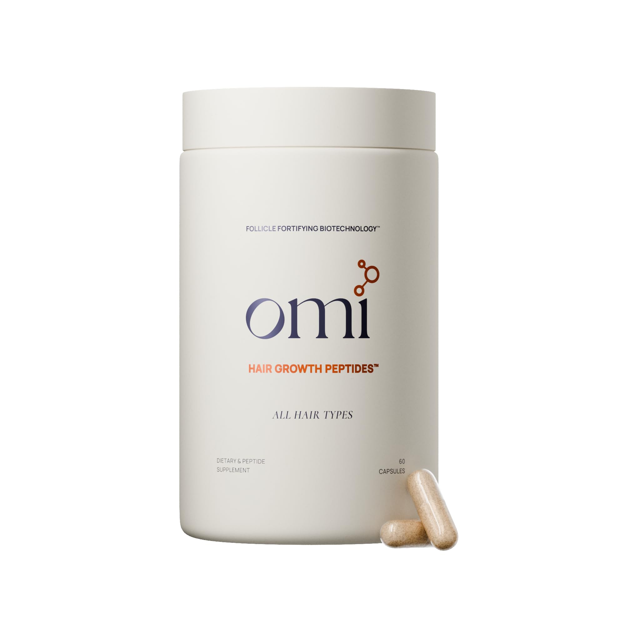 OMI WellBeauty bottle closeup showing the hair growth peptides formula for follicle support.
