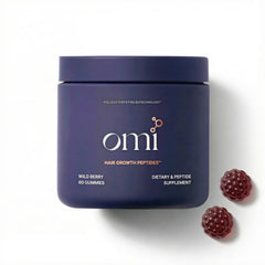 OMI Wild Berry Gummies bottle showcases hair health support with berry flavor.