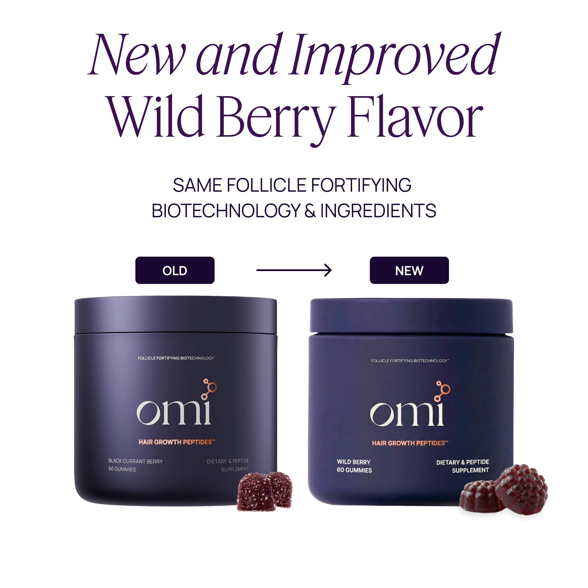 Closeup of OMI gummies highlighting chewy texture and peptide blend for hair support.
