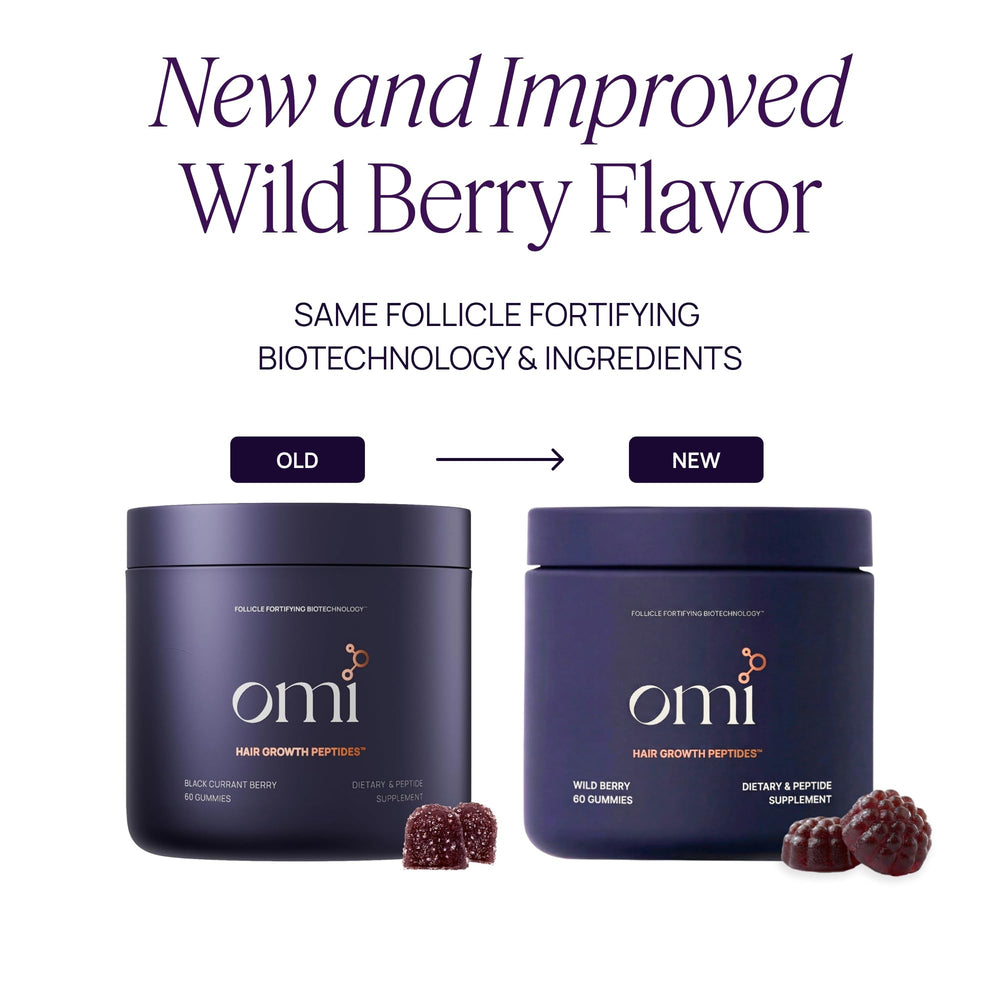 Closeup of OMI gummies highlighting chewy texture and peptide blend for hair support.