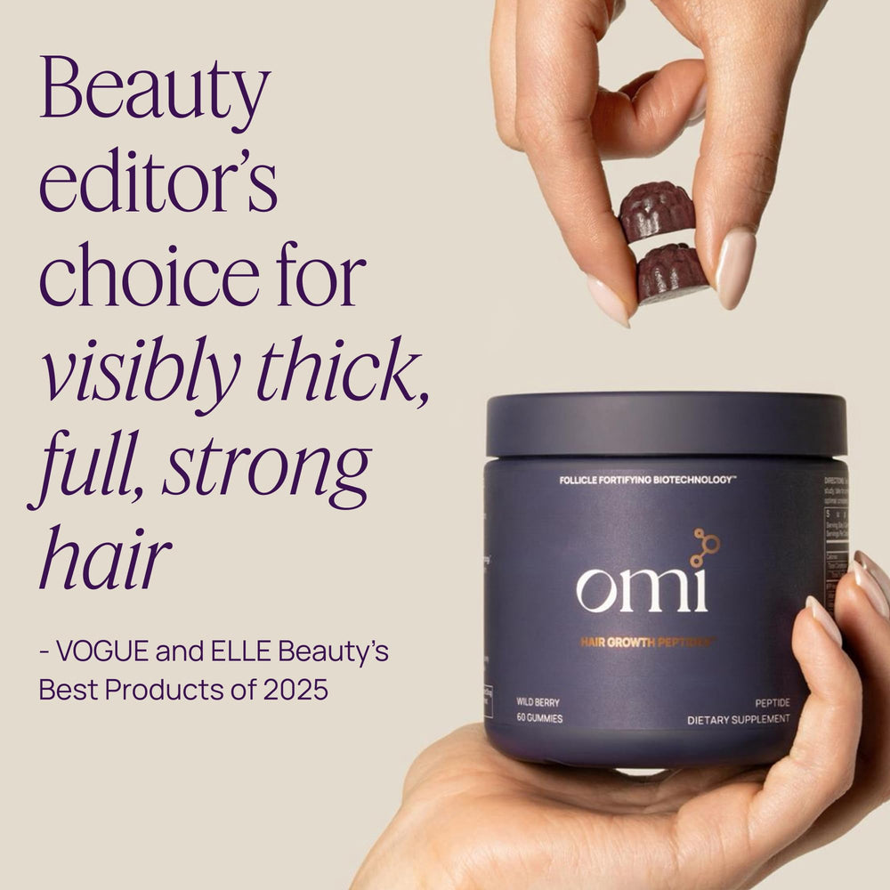 Two gummies served together illustrate an easy daily hair care routine with OMI.