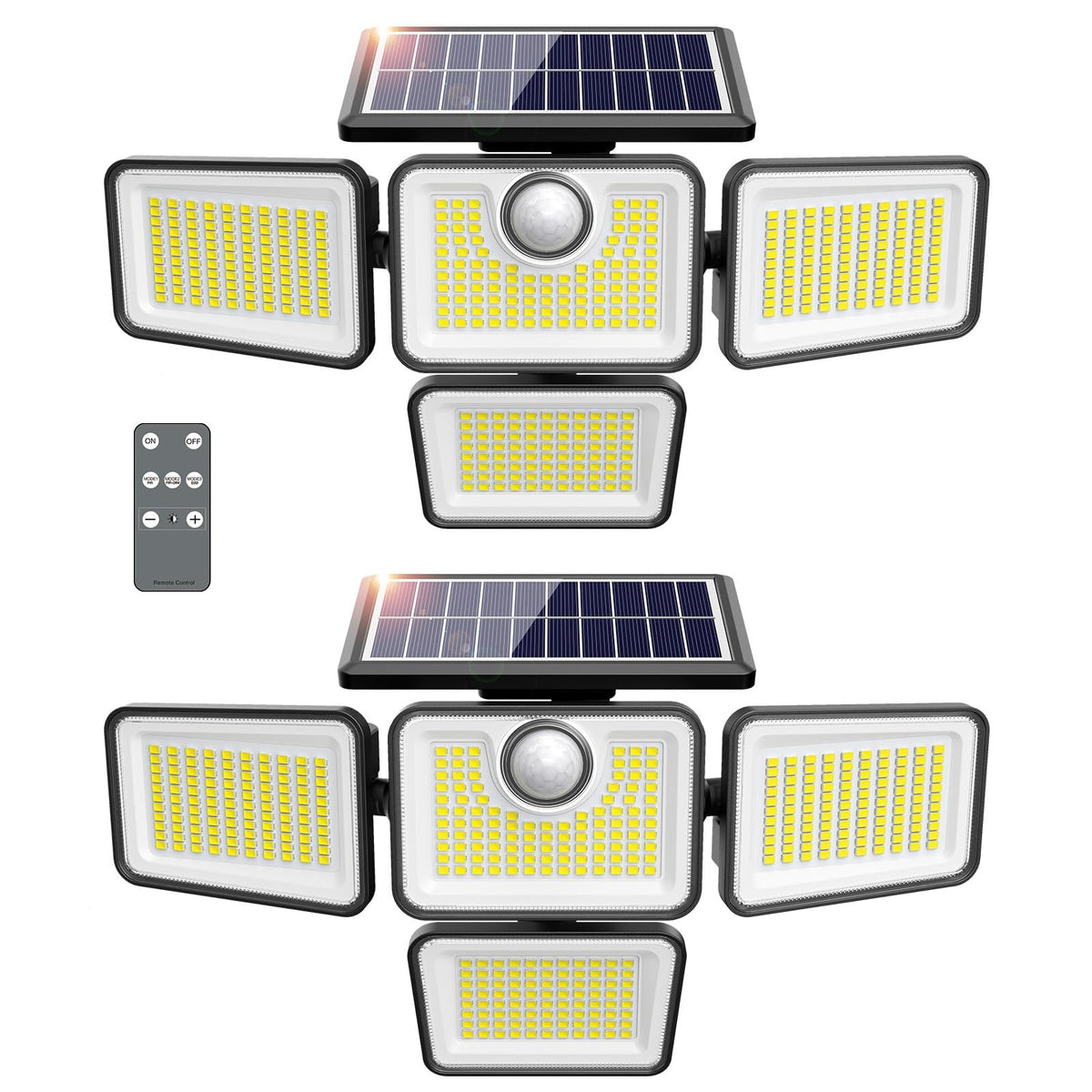 Omibee 4500LM solar light front view highlighting bright outdoor illumination for driveways and entryways.