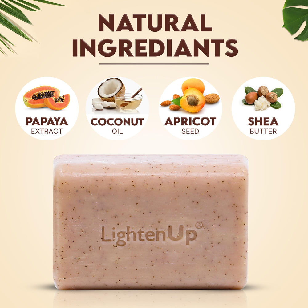 OMIC Lighten-Up exfoliating soap close-up with apricot pieces for gentle exfoliation