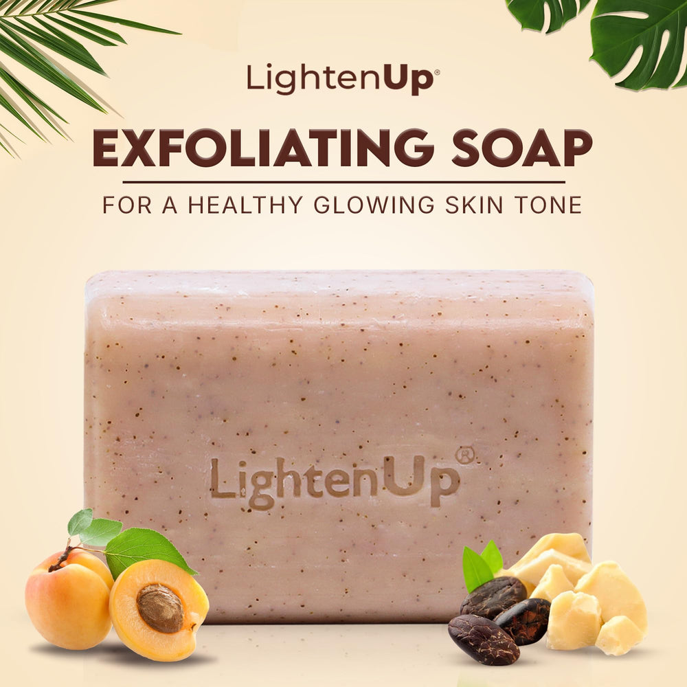 OMIC Lighten-Up exfoliating soap bar close-up shows apricot infused exfoliation for smoother skin