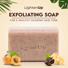 OMIC Lighten-Up exfoliating soap bar close-up shows apricot infused exfoliation for smoother skin