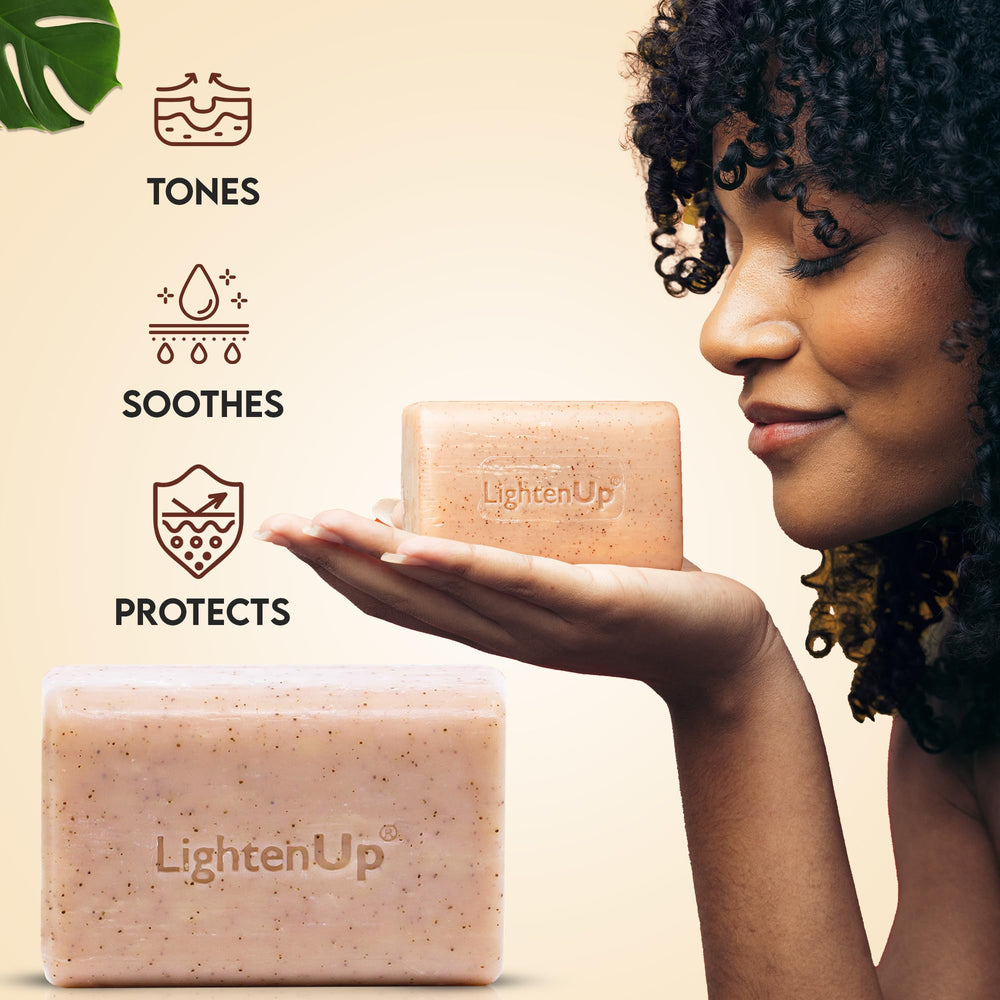 Body use with OMIC Lighten-Up exfoliating soap for an even skin tone effect