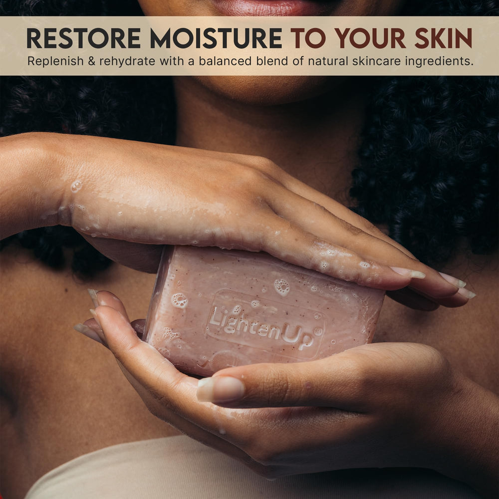 OMIC Lighten-Up exfoliating soap lathering on skin for smooth cleansing