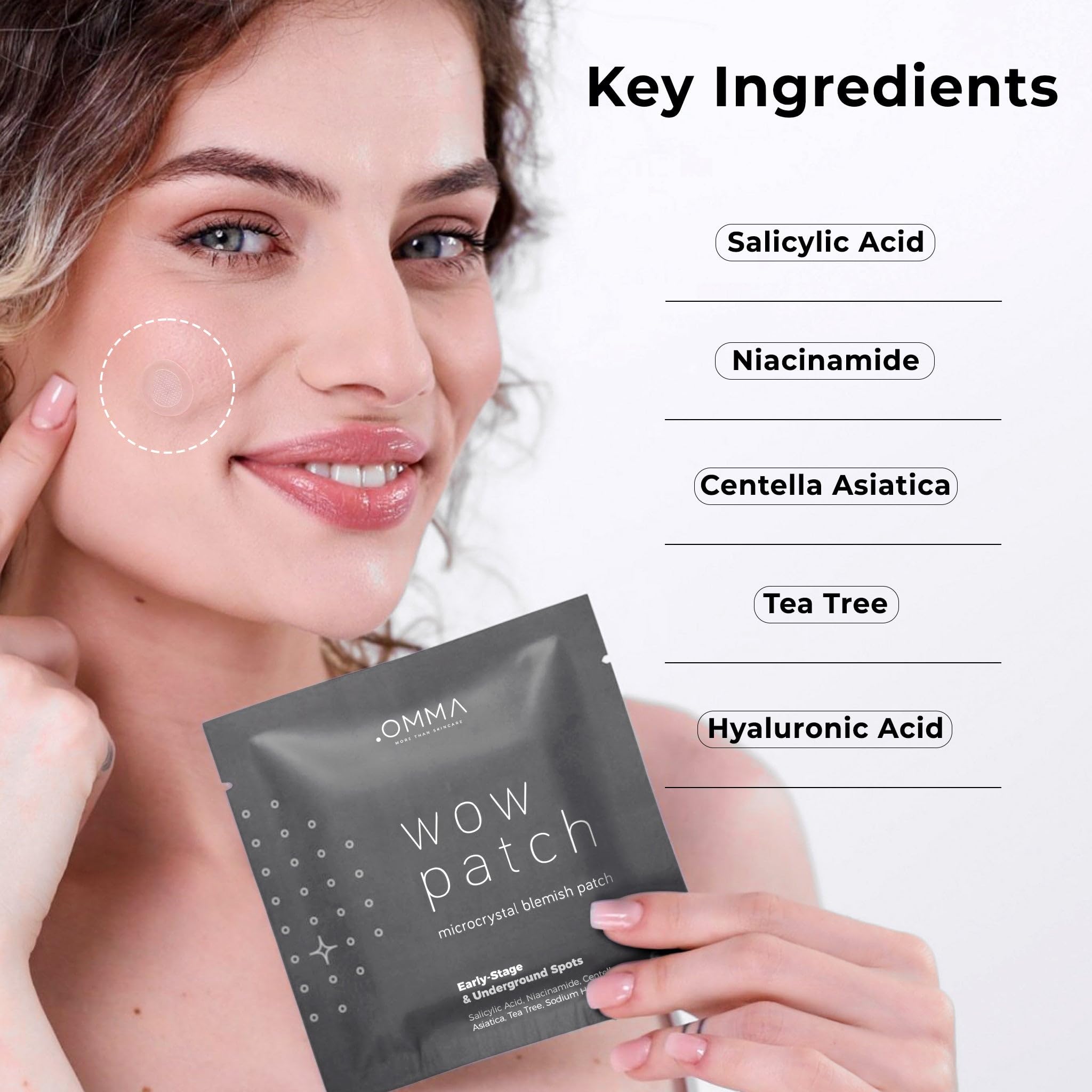 OMMA patch ingredient panel with Niacinamide, Salicylic Acid and Tea Tree