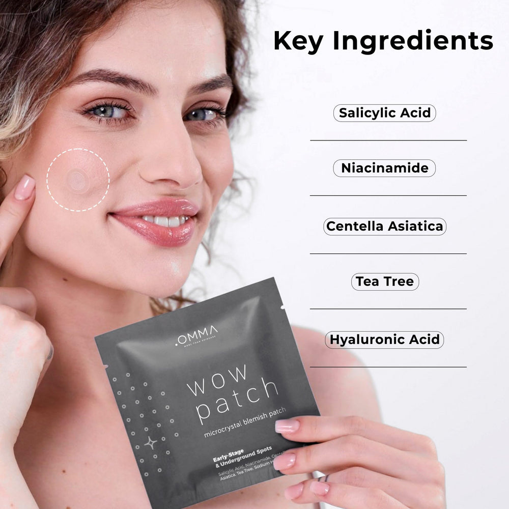 OMMA patch ingredient panel with Niacinamide, Salicylic Acid and Tea Tree