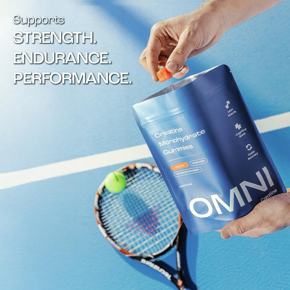 Close-up of OMNI Creatine Monohydrate gummy texture in peach.