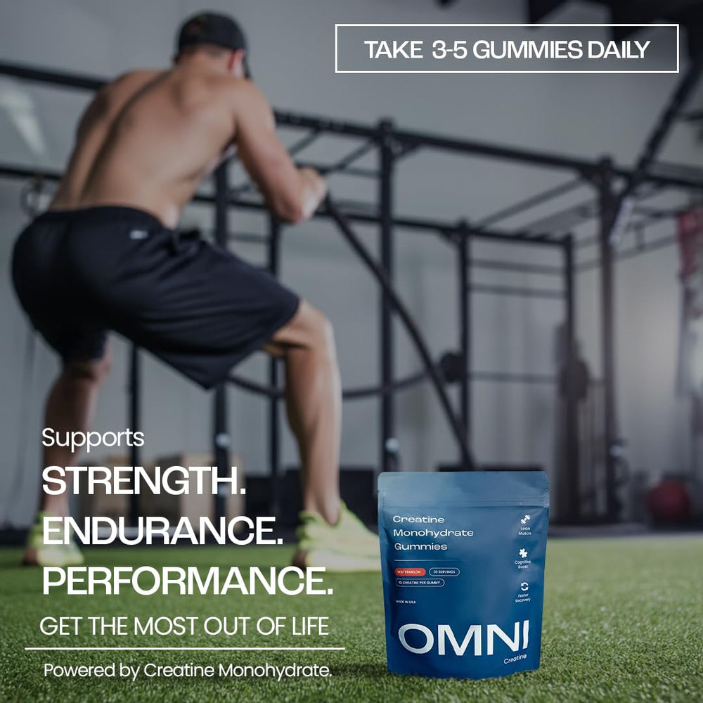 OMNI Creatine Gummies in hand for quick pre- or post-workout nutrition
