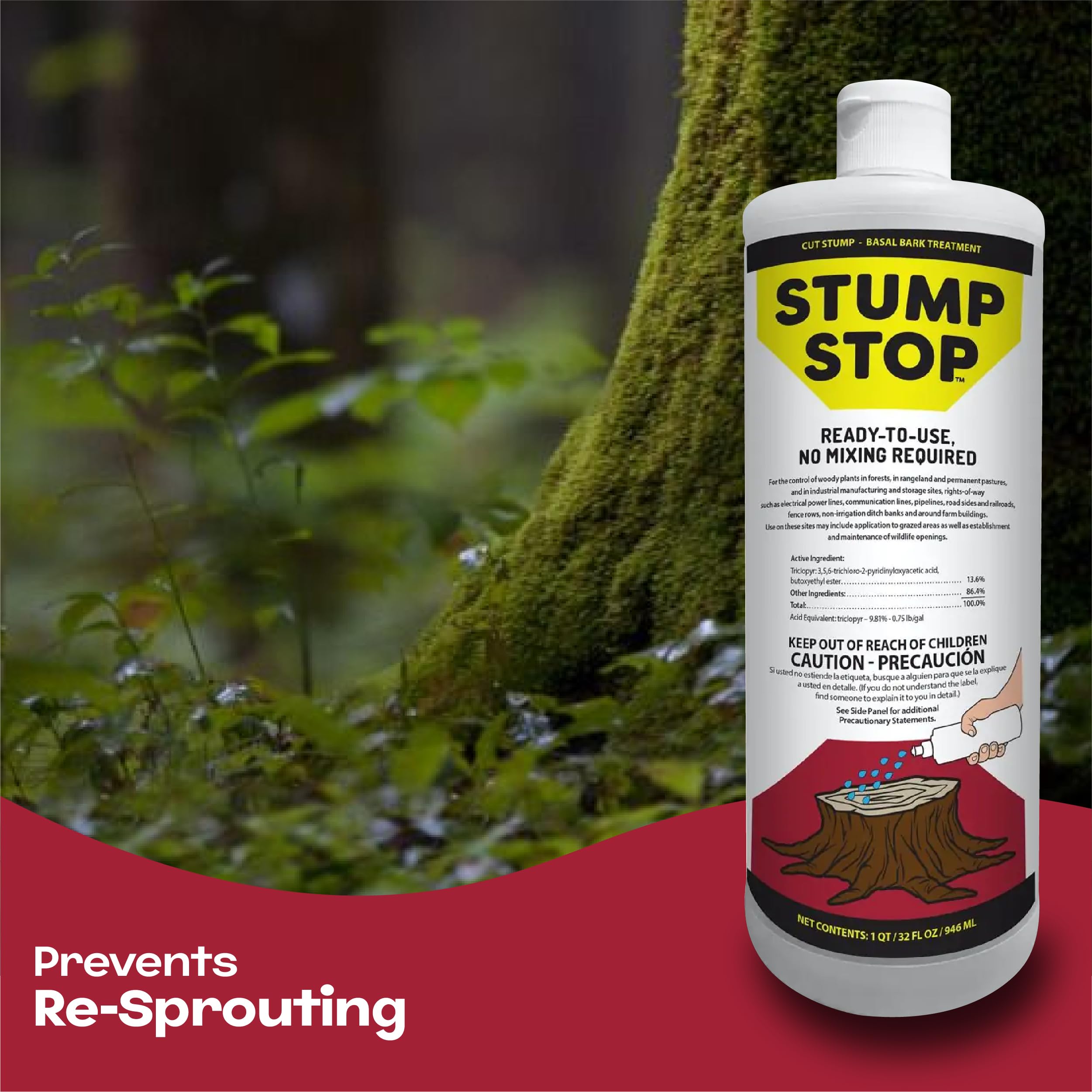 OMNI DEPOT Stump Stop applied to woody plants in a forest setting.