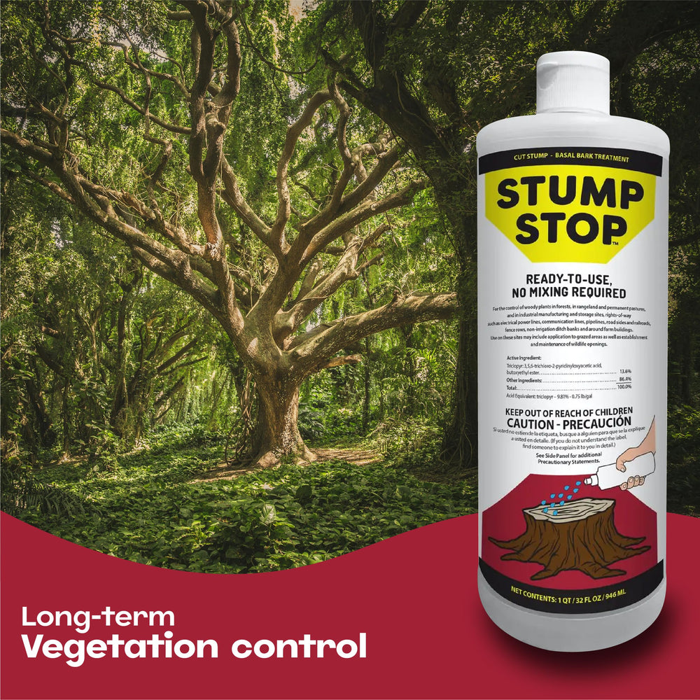 OMNI DEPOT Stump Stop label closeup highlights pre-mixed solution for quick treatment.
