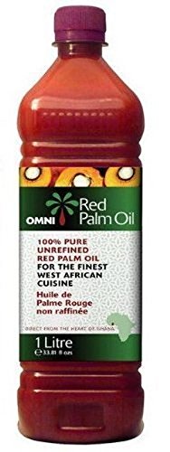 Omni Red Palm Oil bottle, rich in vitamins A and E for cooking and nutrition.