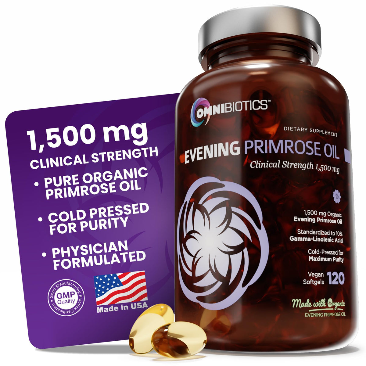 OmniBiotics Evening Primrose Oil bottle for daily balance and natural wellness.