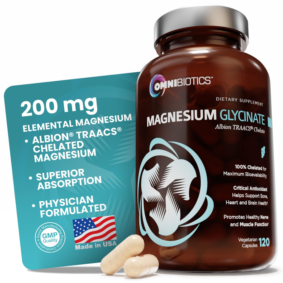 OmniBiotics Magnesium Glycinate bottle highlights daily calm and wellness.
