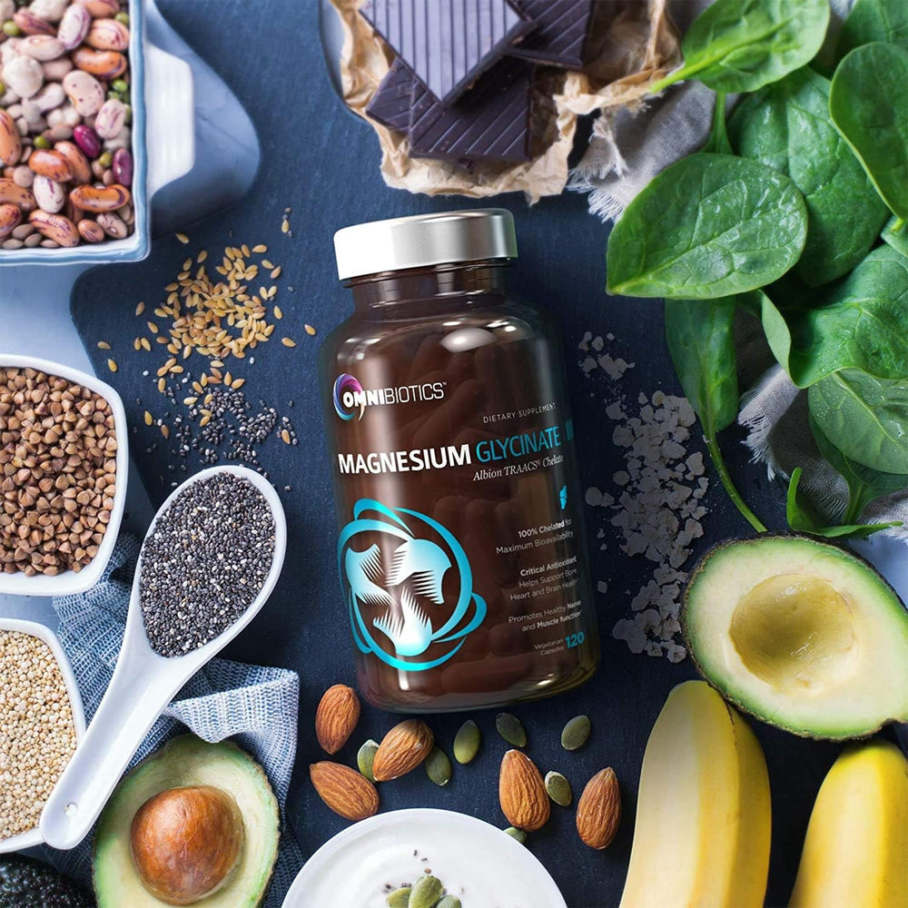 Active lifestyle scene shows post-workout support with OmniBiotics Magnesium Glycinate.