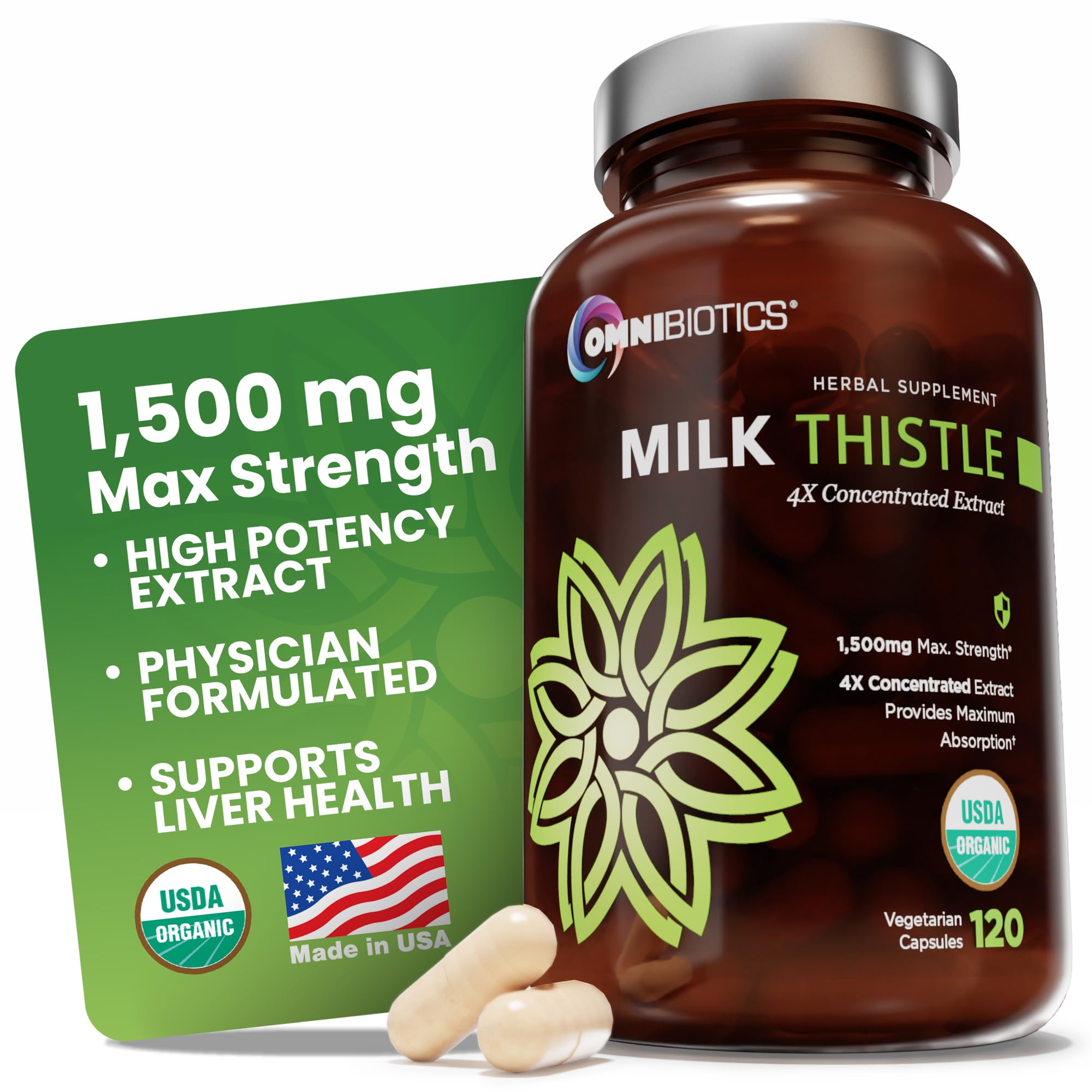 OmniBiotics Milk Thistle bottle closeup shows premium organic extract for liver support