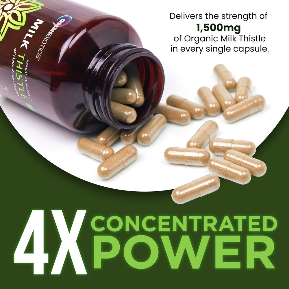 OmniBiotics milk thistle capsules pack highlighting 1500mg per capsule