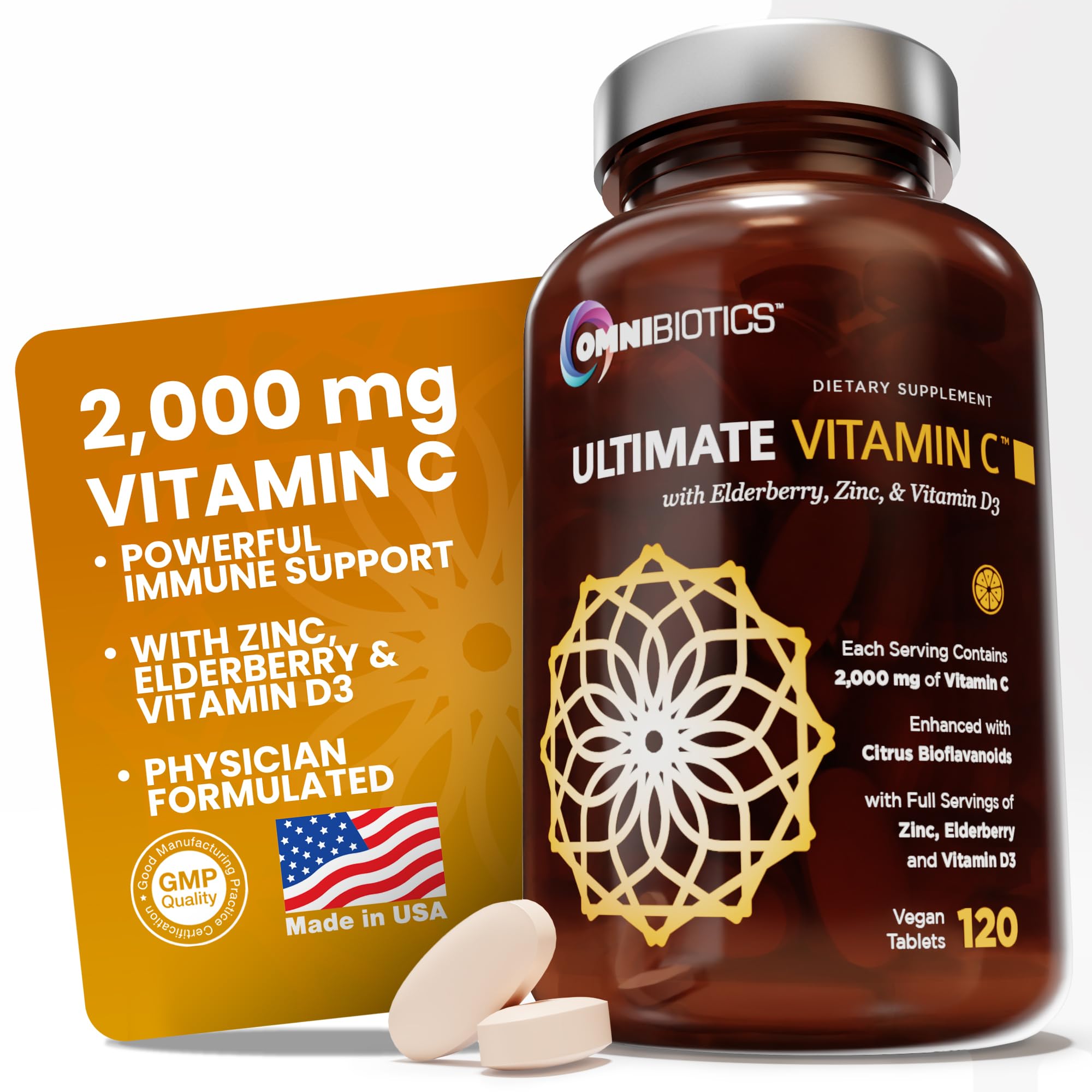OmniBiotics Ultimate Vitamin C 2000mg bottle front highlighting immune-support formula.