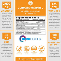 OmniBiotics Ultimate Vitamin C 2000mg bottle label emphasizes zinc, elderberry, and D3 ingredients.