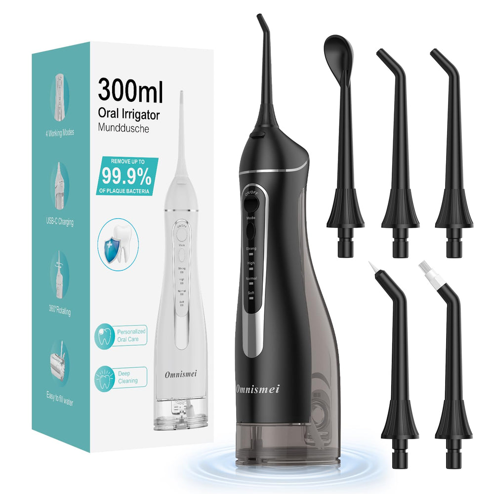 Omnismei Water Flosser showing 300ml tank for extended cleaning at home.