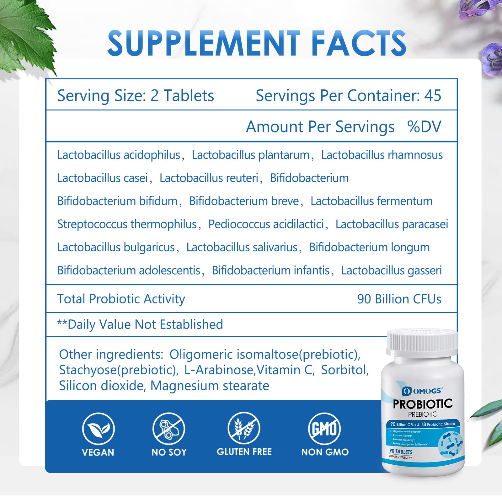OMOGS Probiotics bottle with 18 strains for broader gut support.