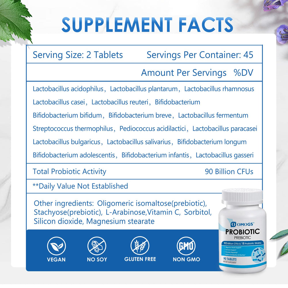 OMOGS Probiotics bottle with 18 strains for broader gut support.