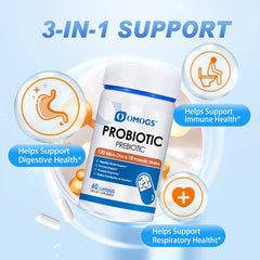 OMOGS Probiotics 18-strains graphic indicating diverse gut bacteria benefits