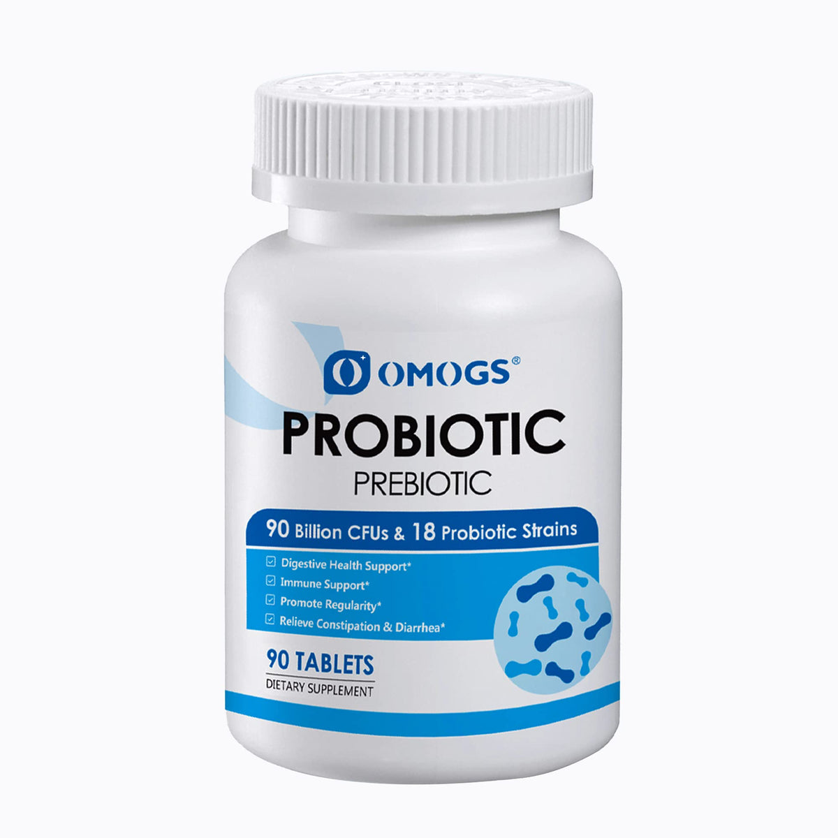 OMOGS Probiotics bottle displaying 90 billion CFUs for digestive balance.