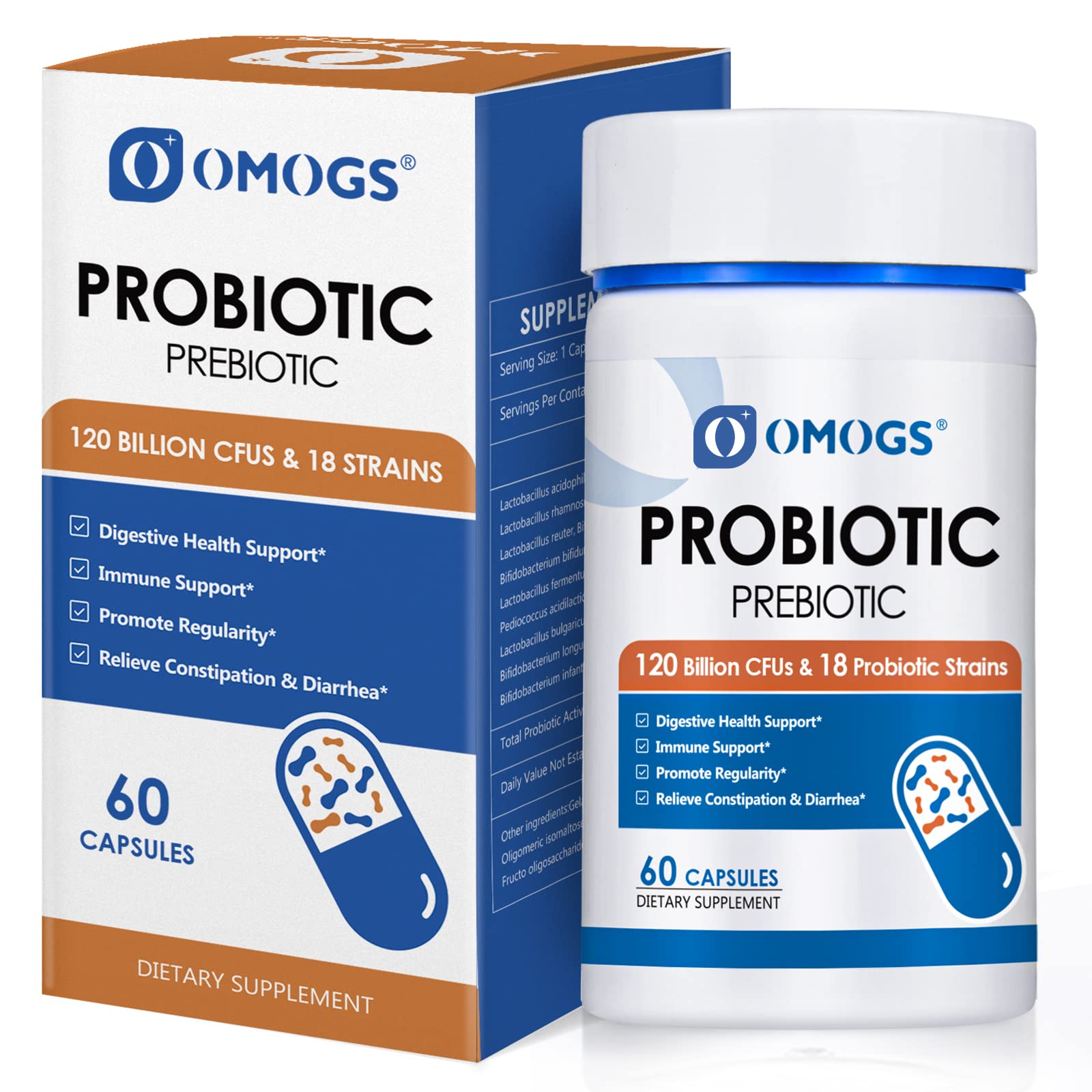 OMOGS Probiotics bottle with capsules for daily gut support