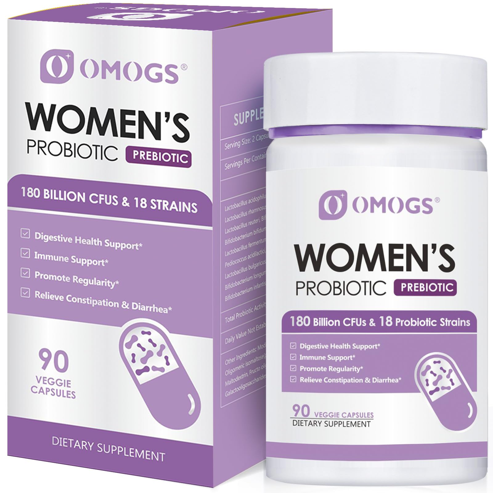 OMOGS Women's Probiotic bottle front showing 180B CFUs and capsules for gut balance
