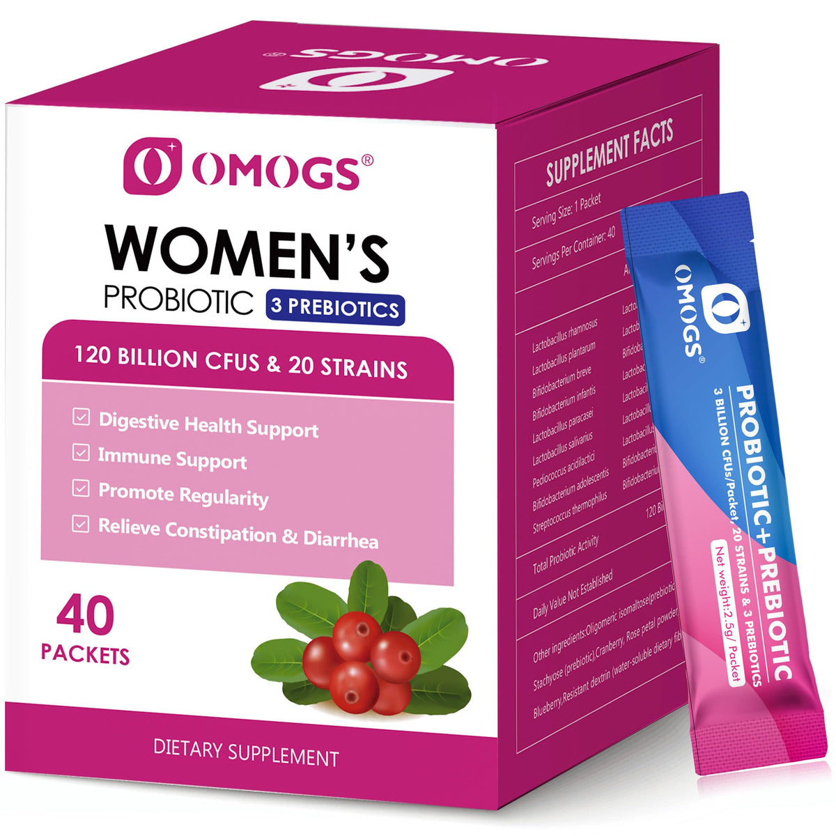 OMOGS Women's Probiotic bottle front with 120B CFUs for daily gut support