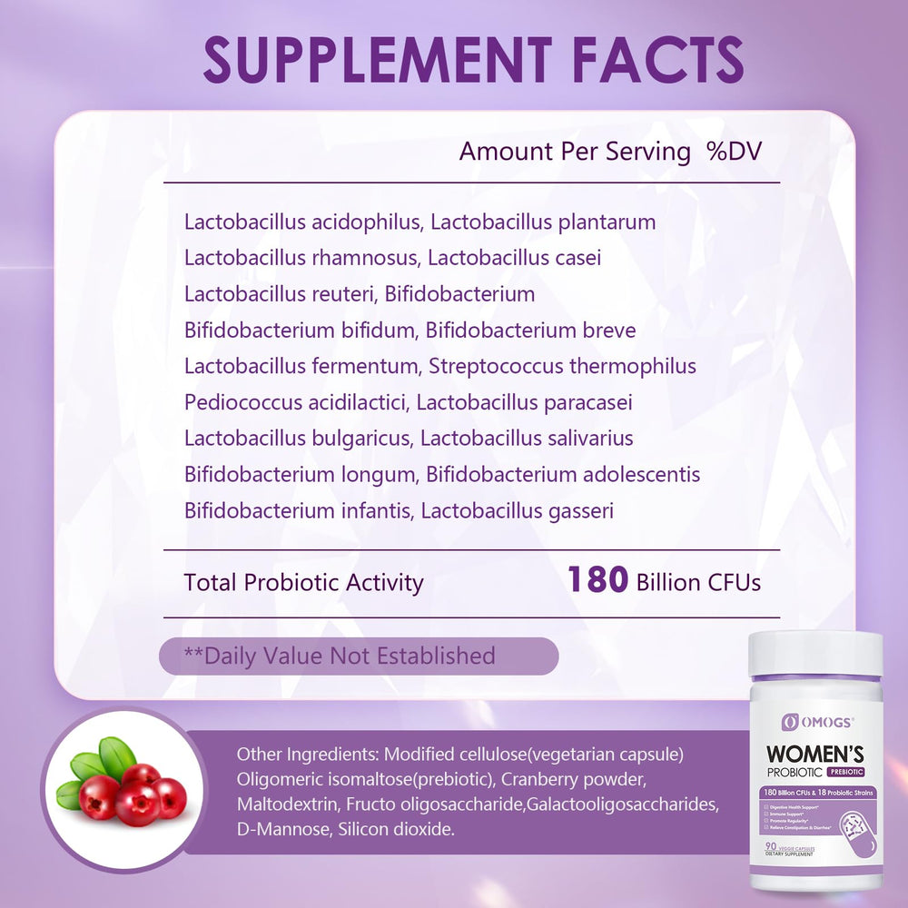 Close-up of OMOGS probiotic capsules with cranberry extract for urinary tract support