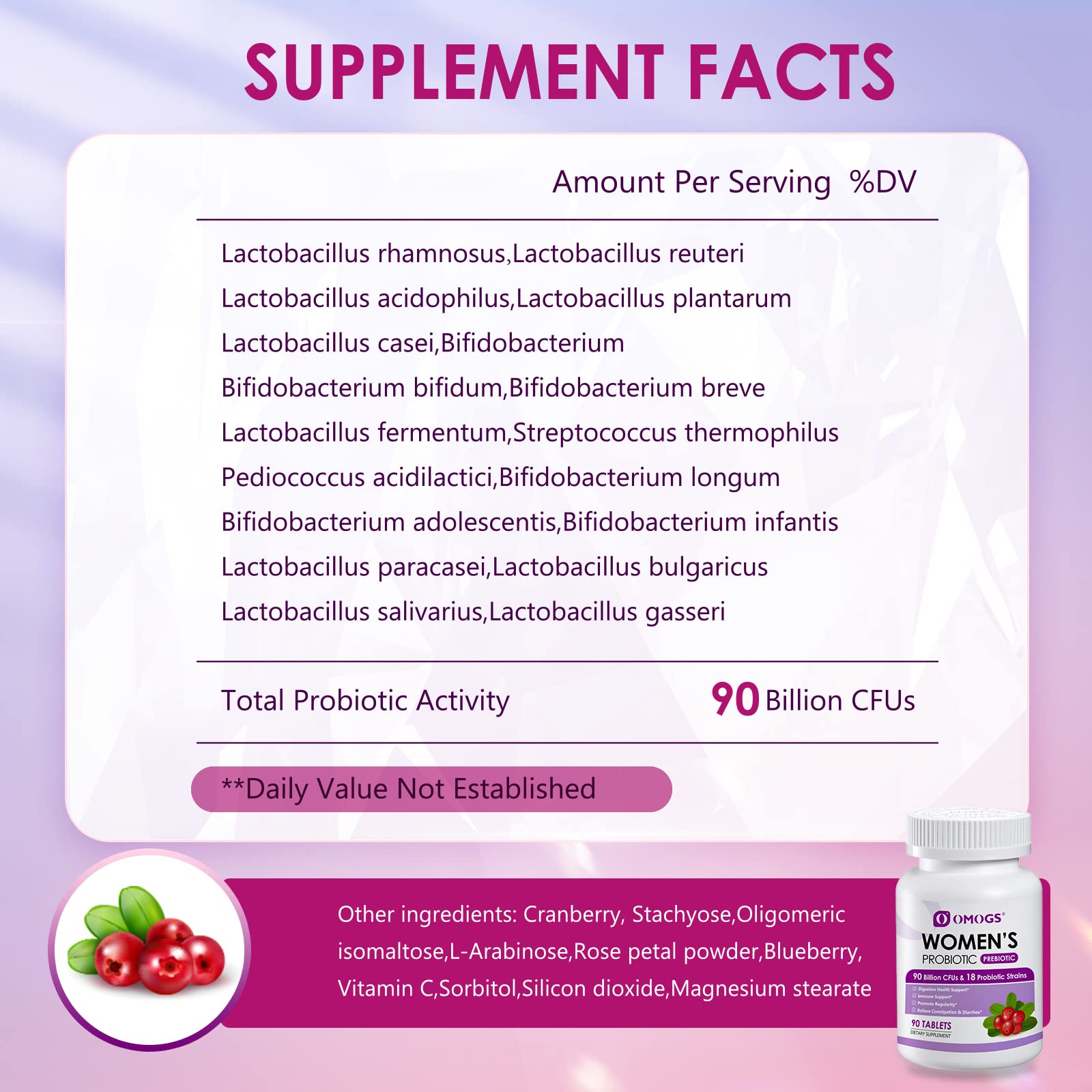 OMOGS probiotic with cranberry extract highlights urinary health support.