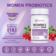 Full label of OMOGS Women's Probiotic highlighting 18 strains and organic prebiotics