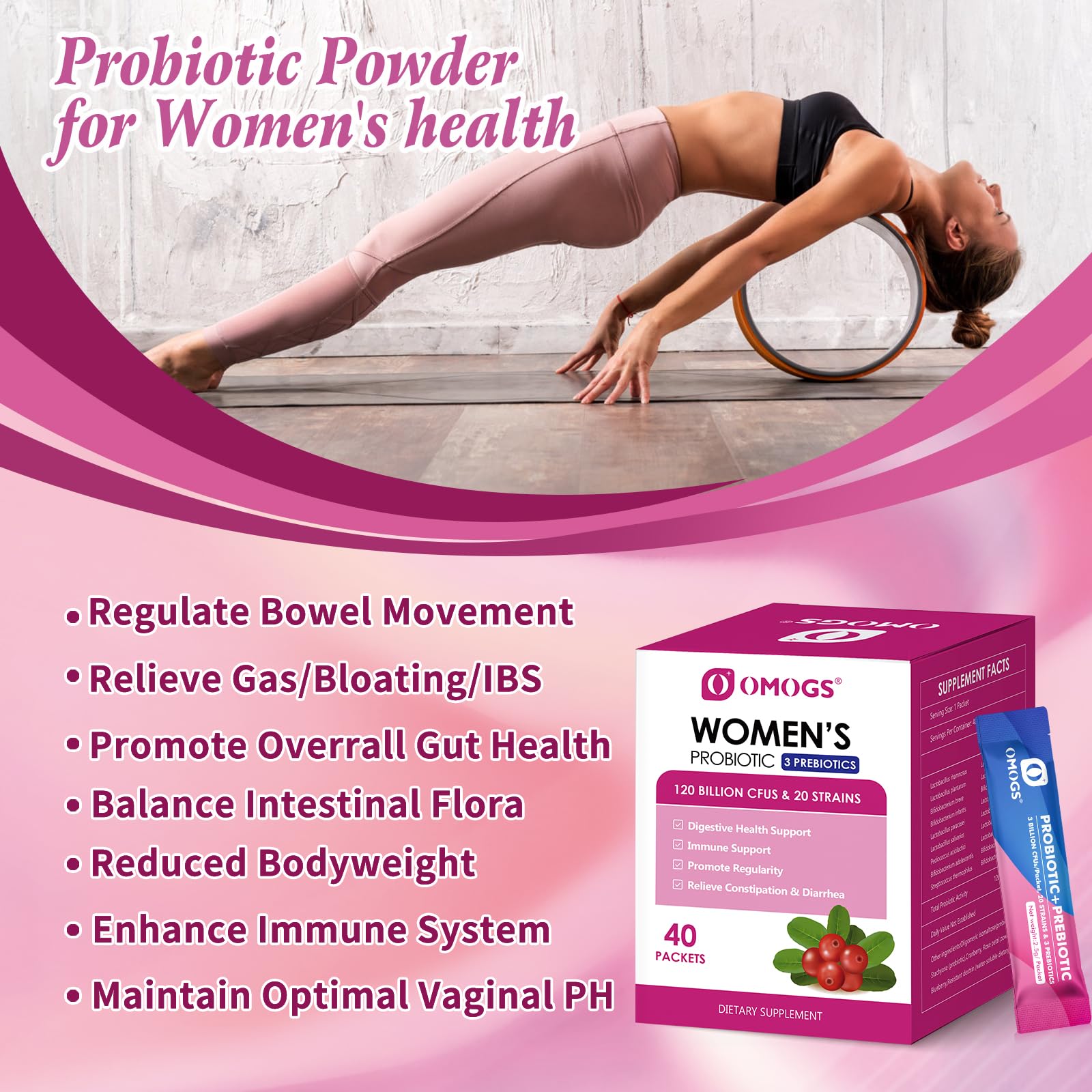 OMOGS Women's Probiotic travel pack shows portable daily solution