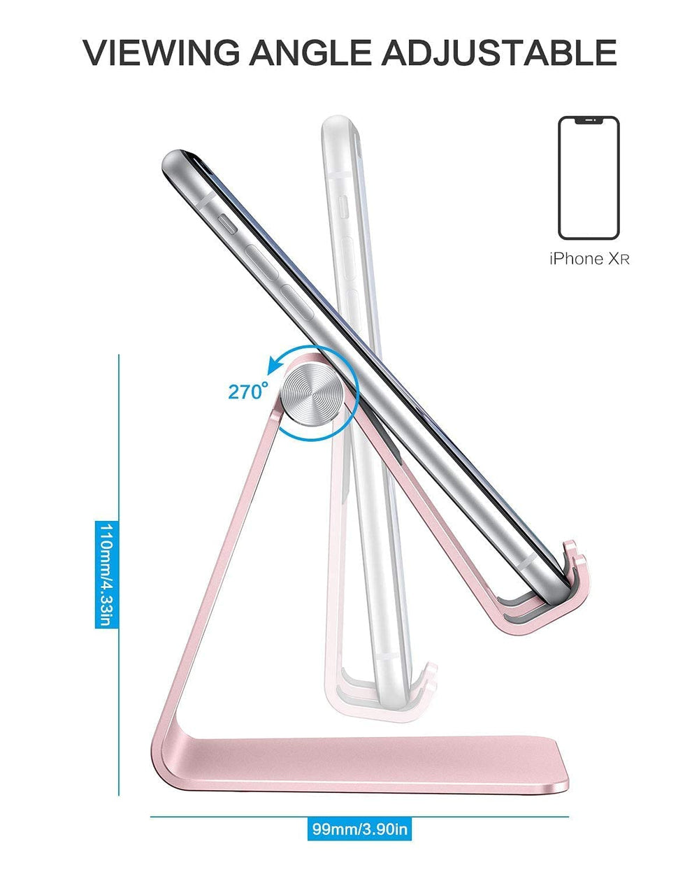 OMOTON Rose Gold stand holds phone while charging with a bulky case.