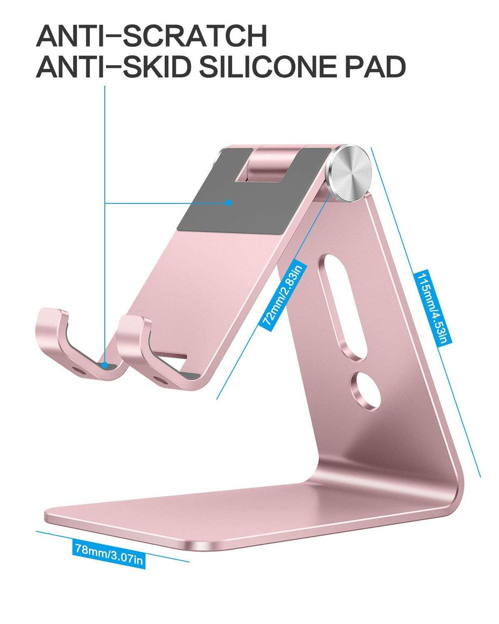 OMOTON stand close-up shows silicone pads preventing slips and scratches.