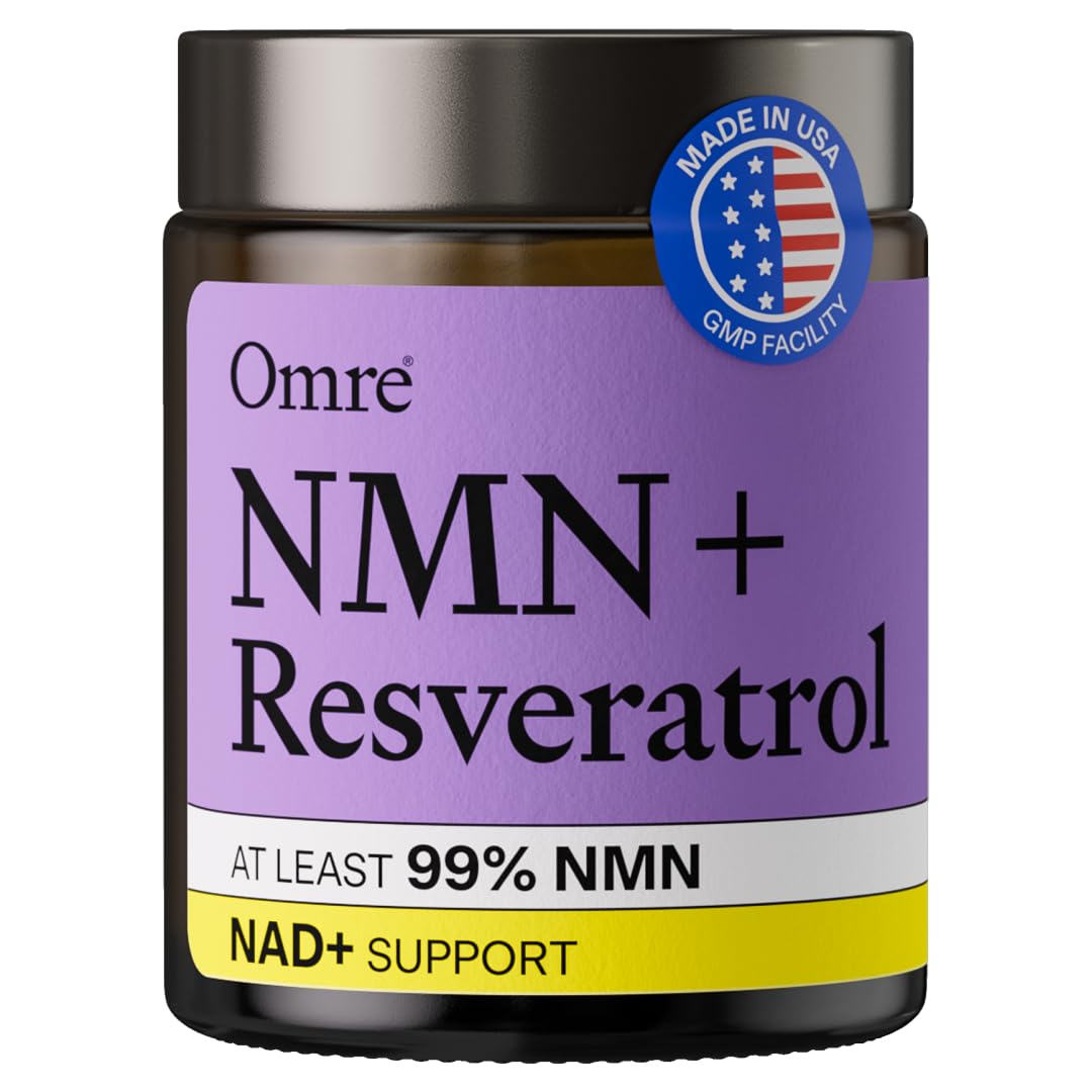 OMRE NMN + Resveratrol bottle with purity highlights and energy support potential.