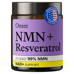 OMRE NMN + Resveratrol bottle with purity highlights and energy support potential.