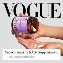 Front label of OMRE NMN + Resveratrol bottle showing brand and dosage details.