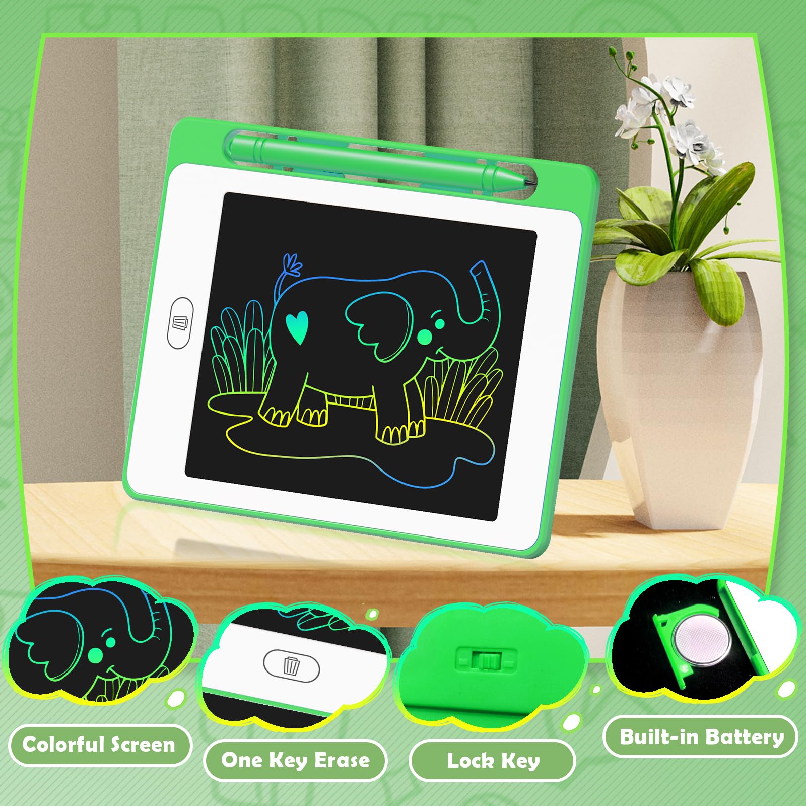 OMXDG LCD doodle board with erase button at front for quick resets.