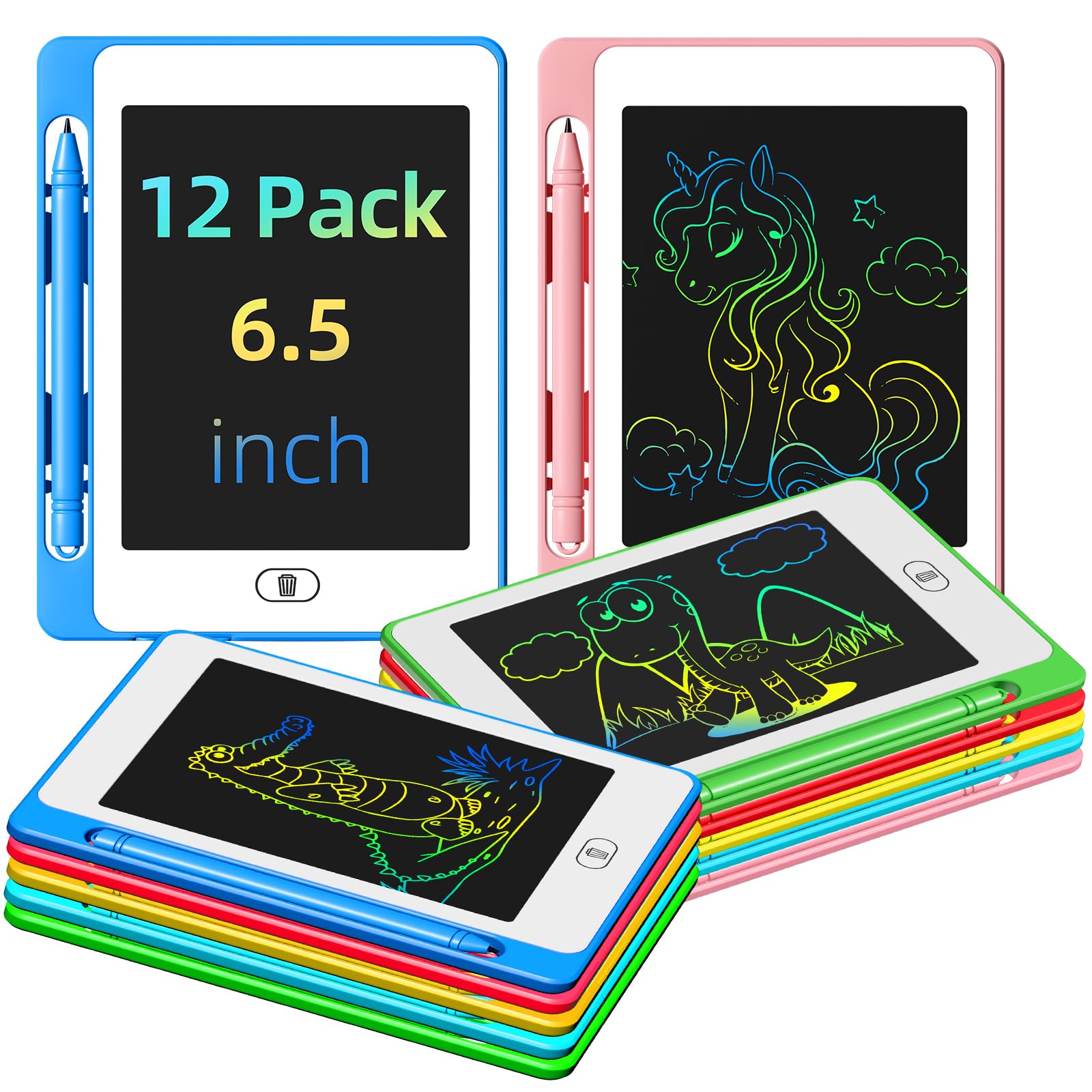 OMXDG 12-pack 6.5-inch LCD doodle boards laid out for colorful creative play.