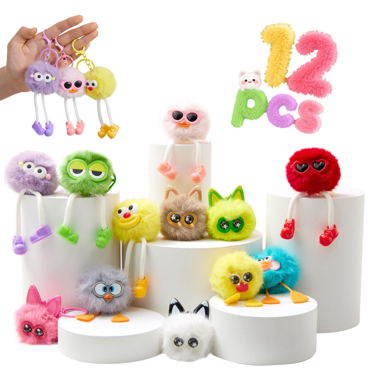 OMyFav 12-piece kids keychains set with colorful plush designs for backpacks
