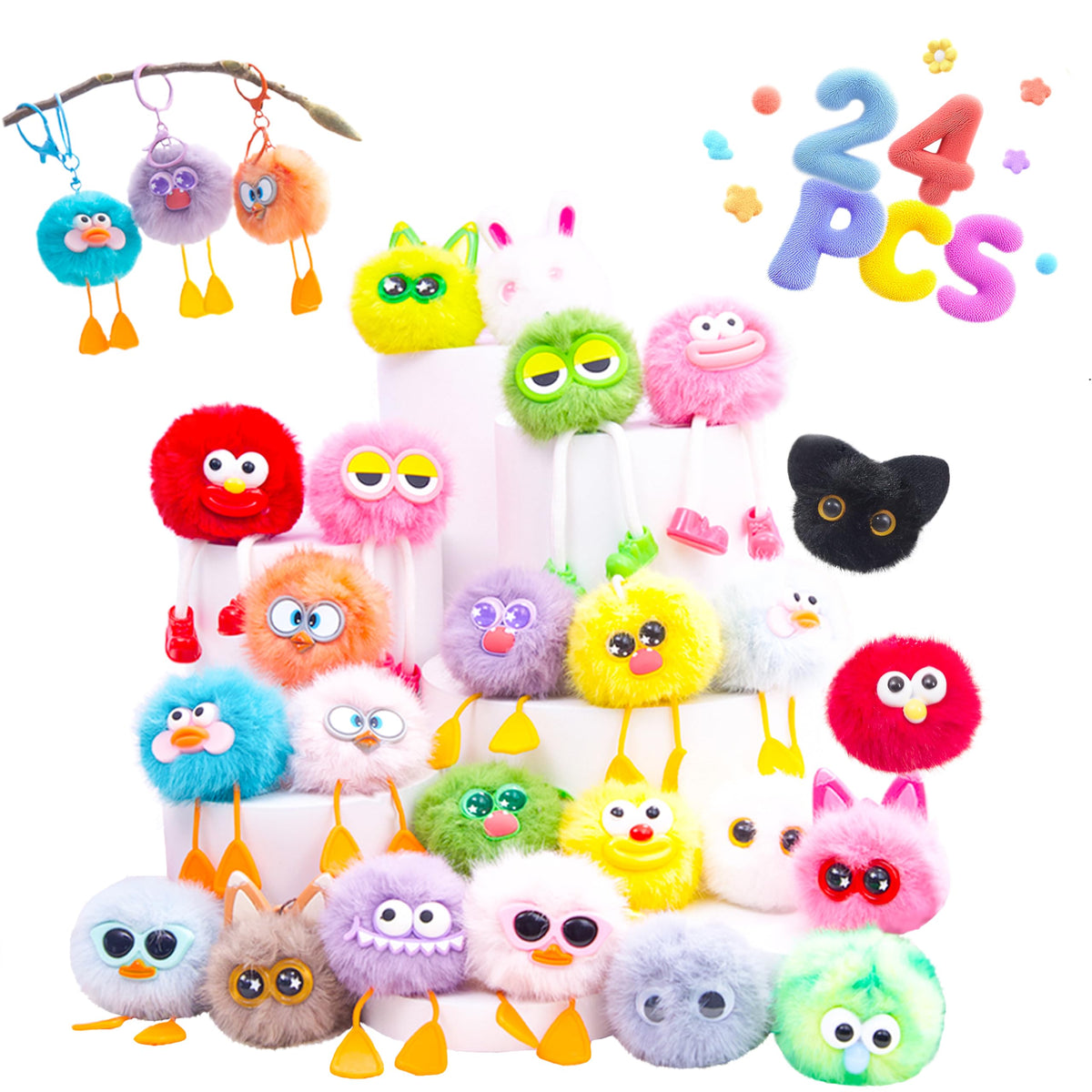 OMyFav 24pc keychains set featuring soft plush designs for classroom prizes.