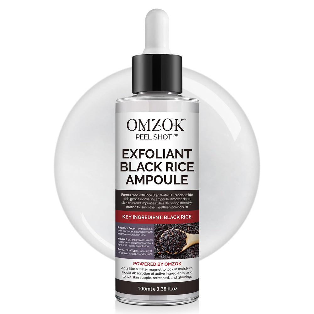 OMZOK Peel Shot Glow Rice Ampoule bottle for at-home exfoliation and radiant skin.
